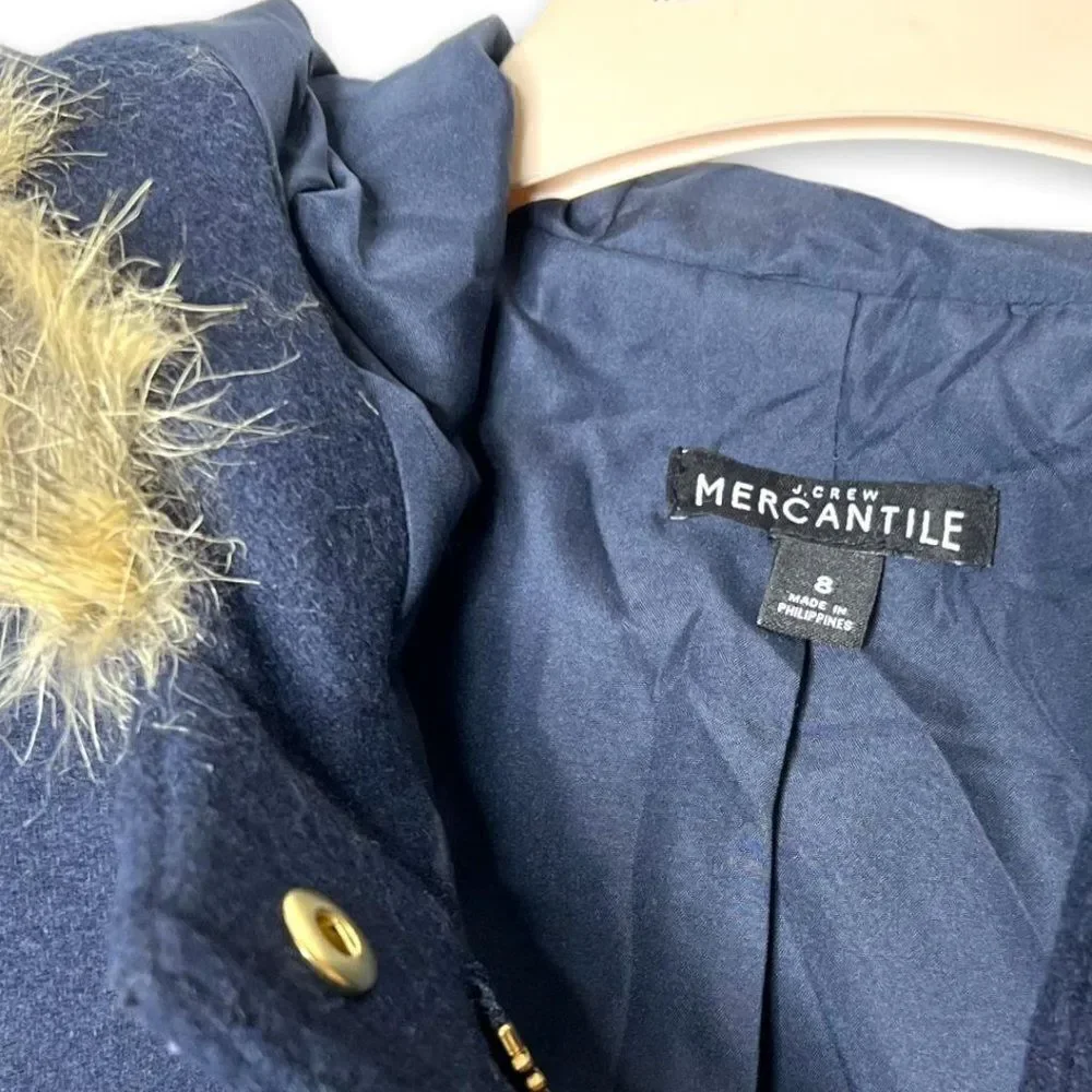 J. Crew Mercantile Faux Fur Hooded Wool Vail Parka Jacket Navy Blue Size 8 - Picture 8 of 9